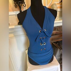 Blue lace-up front one piece swimsuit with gold grommets size 8 classic fit